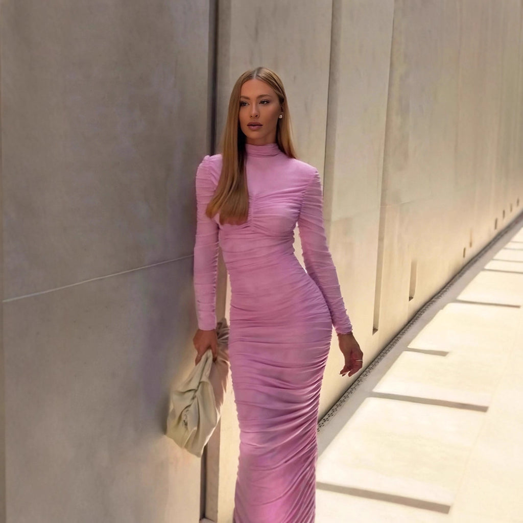 High-Neck Long-Sleeve Ruched Bodycon Maxi Dress