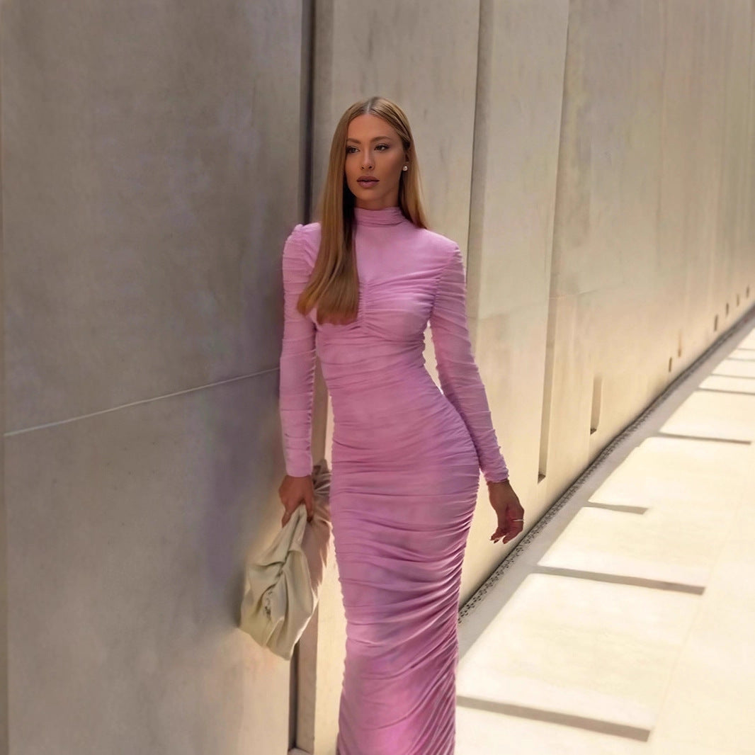 High-Neck Long-Sleeve Ruched Bodycon Maxi Dress