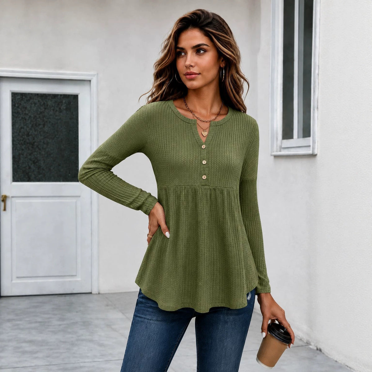 Women's V-Neck Button Long-Sleeve Top
