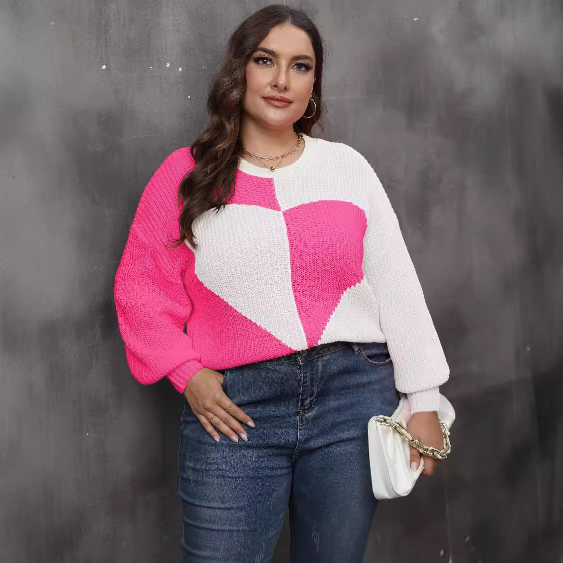 Plus Size Women Clothing Autumn Winter Ladies Top Pullover Woven Shirt Heart Shaped Multi Part Contrast Color Sweater