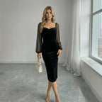 Women's Square Collar Velvet Long Sleeves Women Lantern Sleeve Waist Slimming Mid Length Hip Dress