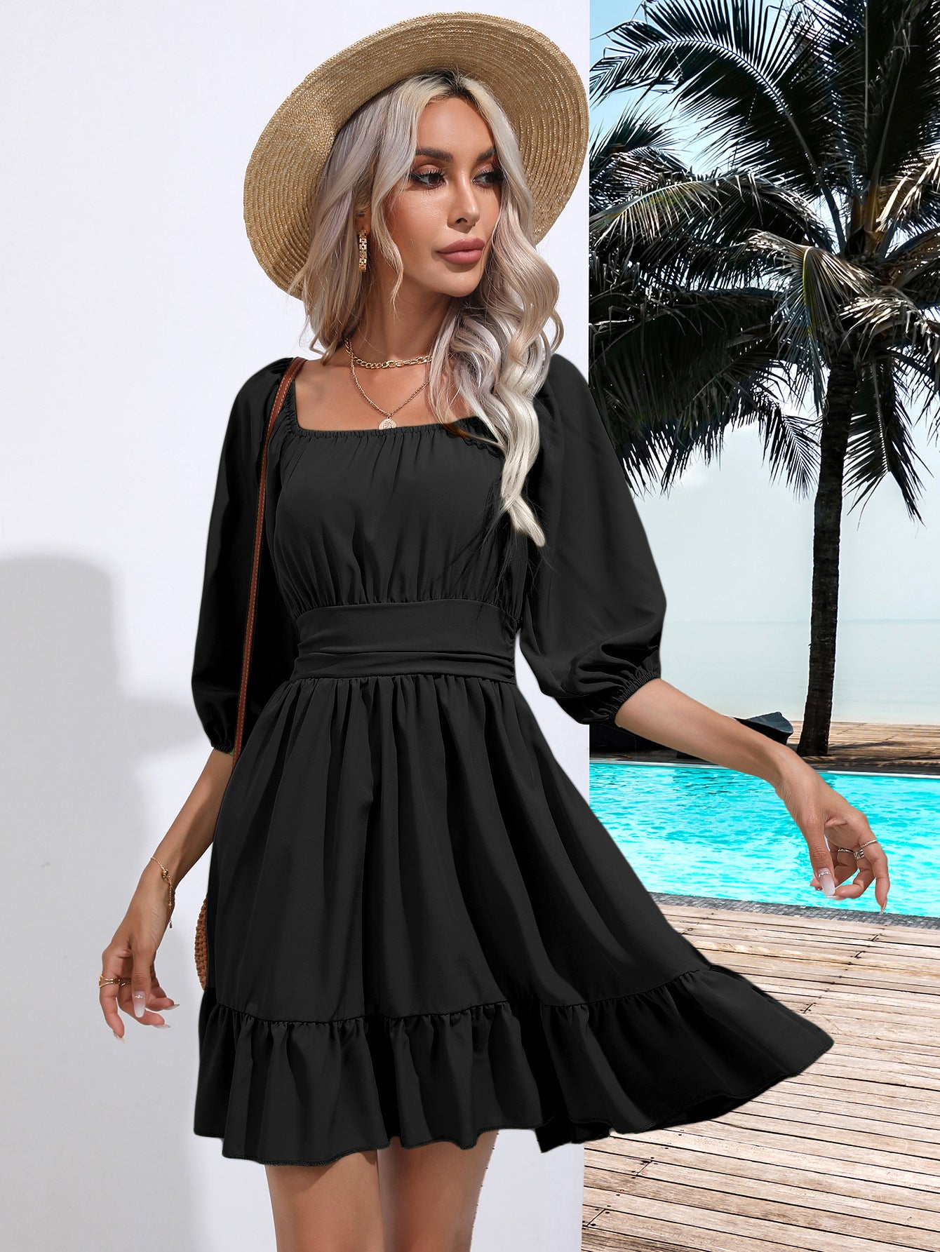 Women's Ruffled Square Neck Puff Sleeve A-Line Mini Dress