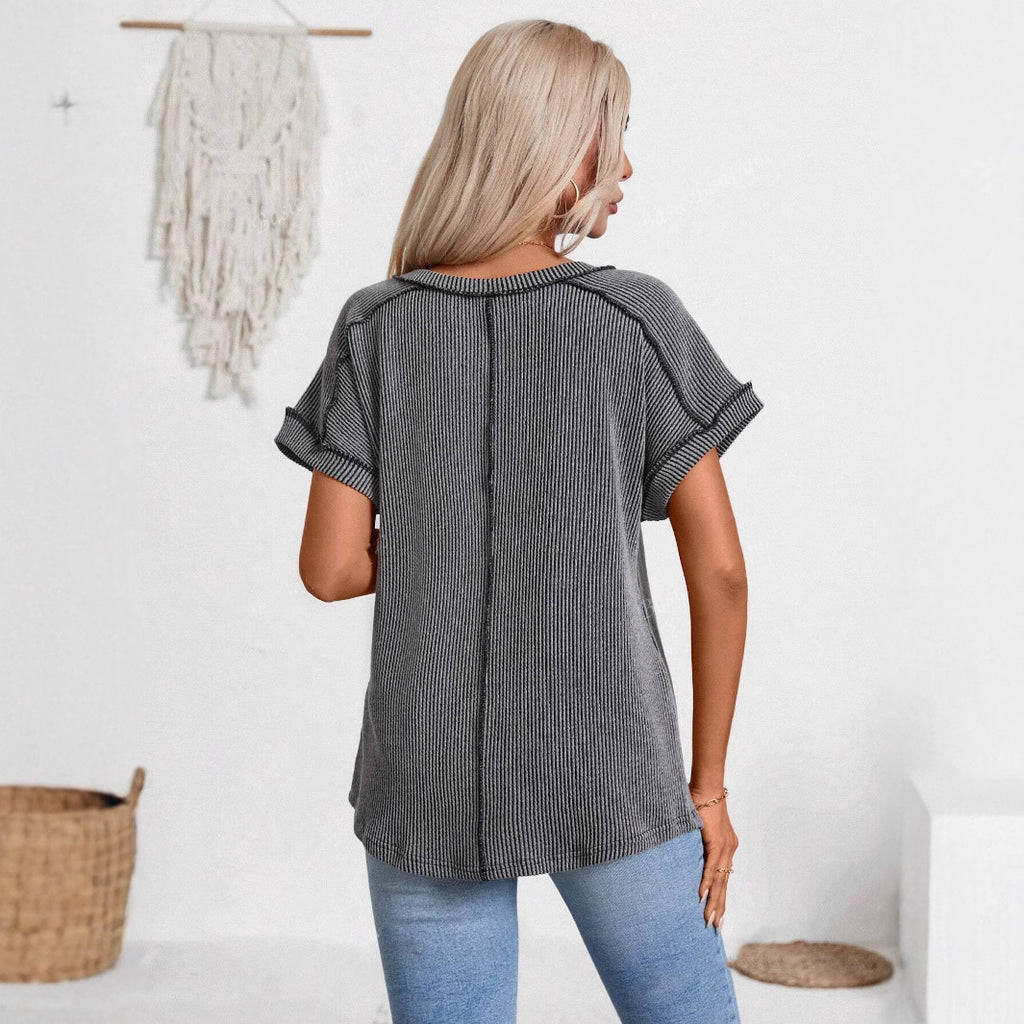 Women's Two Color Twisted Mid Elastic Short Sleeve V Neck T-Shirt