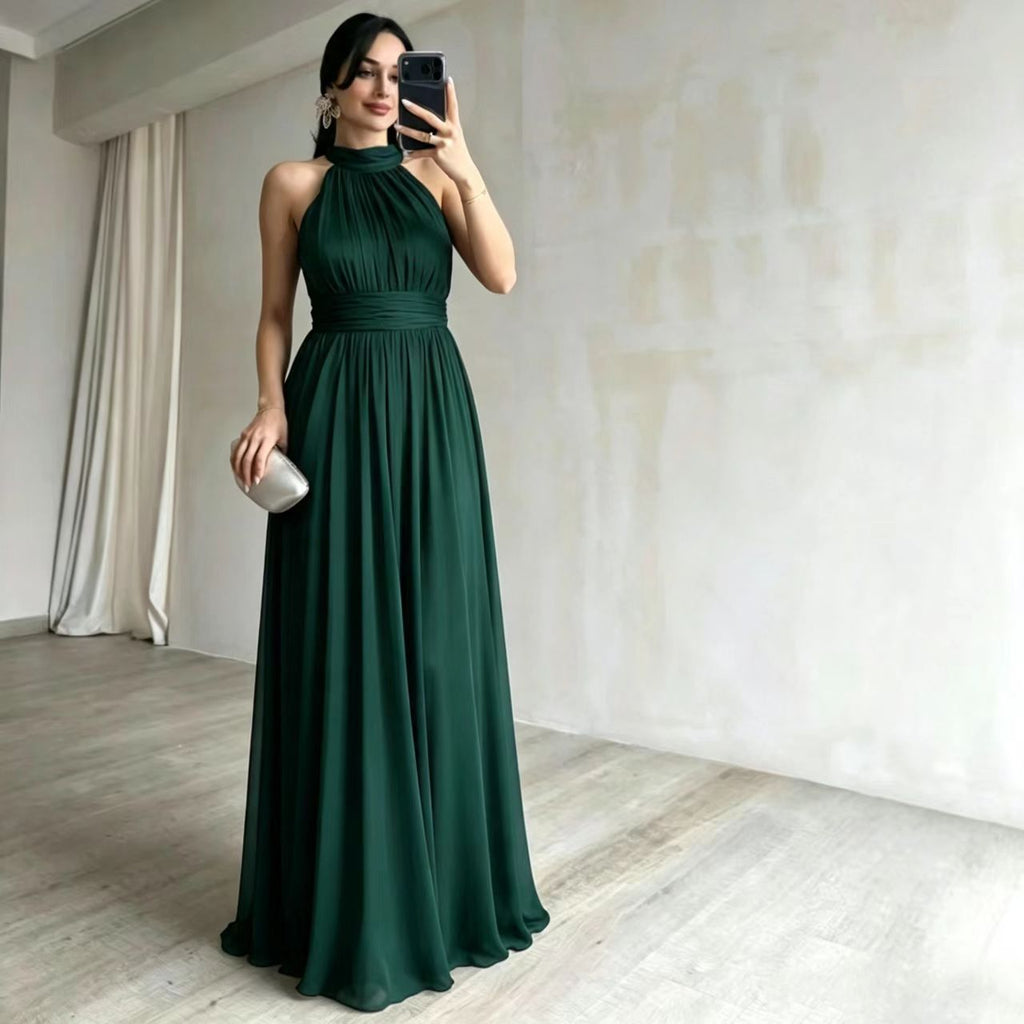 's Sleeveless Waist Large Hem Long Party Dress Solid Color Evening Dress