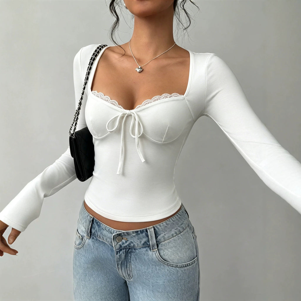 Square Collar Lace Long Sleeved Top Women Lace up Slim Fit