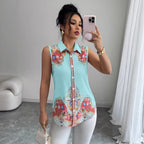 Collared SL Button Striped Printed T shirt Shirt Top for