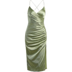 Women's Clothing Summer V Neck Side Pleated Split Dress
