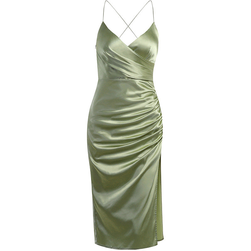 Women's Clothing Summer V Neck Side Pleated Split Dress