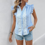 Women's Pastoral Stand Collar Striped Lace Ruffle Sleeve Shirt
