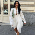French Stand Up Collar Long Sleeved Dress Irregular Asymmetric Hem High