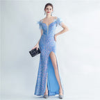 Women's Boning Corset Ostrich Feather Back Lash Rope Bra Velvet High Density Sequined Fishtail Evening Dress