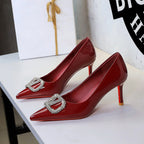 Red Background Patent Leather Rhinestone V Buckle Decorative Pointed Low Cut