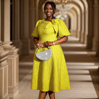 Floral Jacquard Puff-Sleeve A-Line Dress