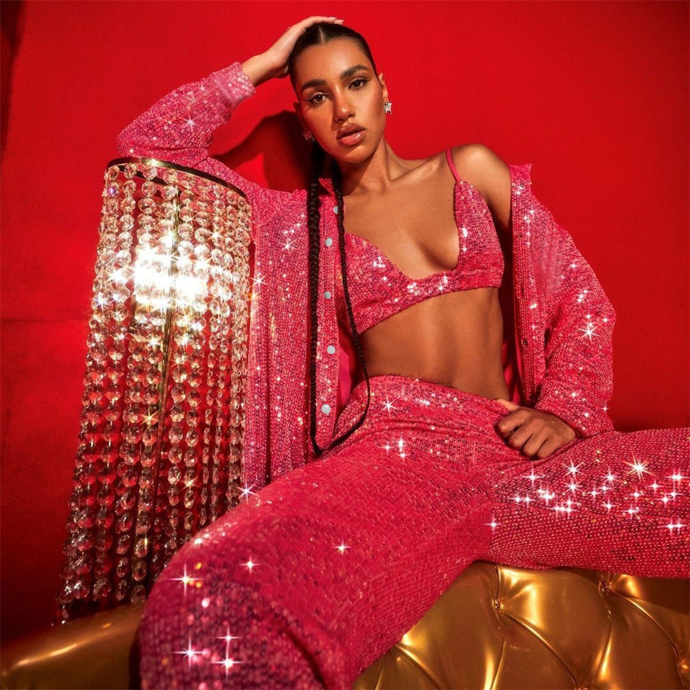 Sequined Long-Sleeve Tops Shirt V-Neck Vest Straight Leg Pants Spring Summer Party Three-Piece Set