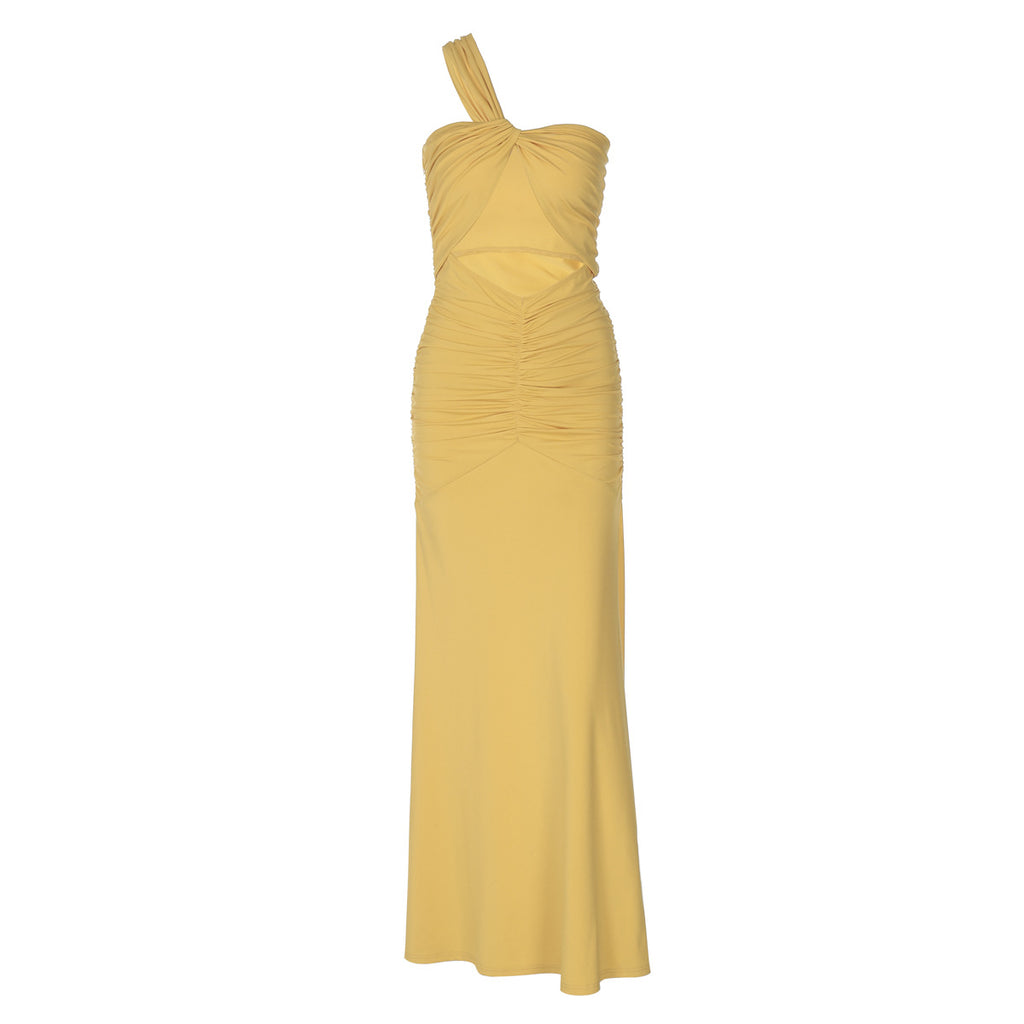 Solid Color One-Shoulder Cutout Pleated Dress