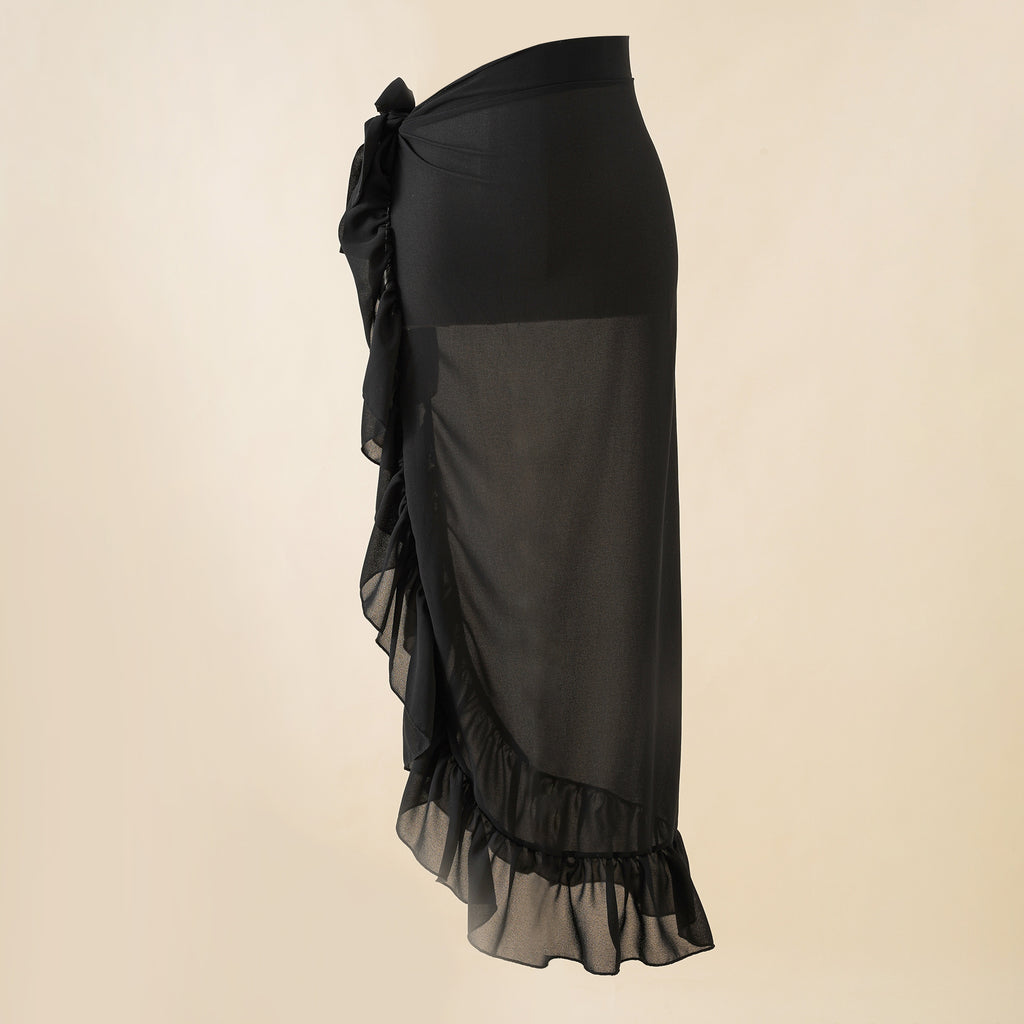Black wrap beach skirt with side bow detail and tiered ruffle hem