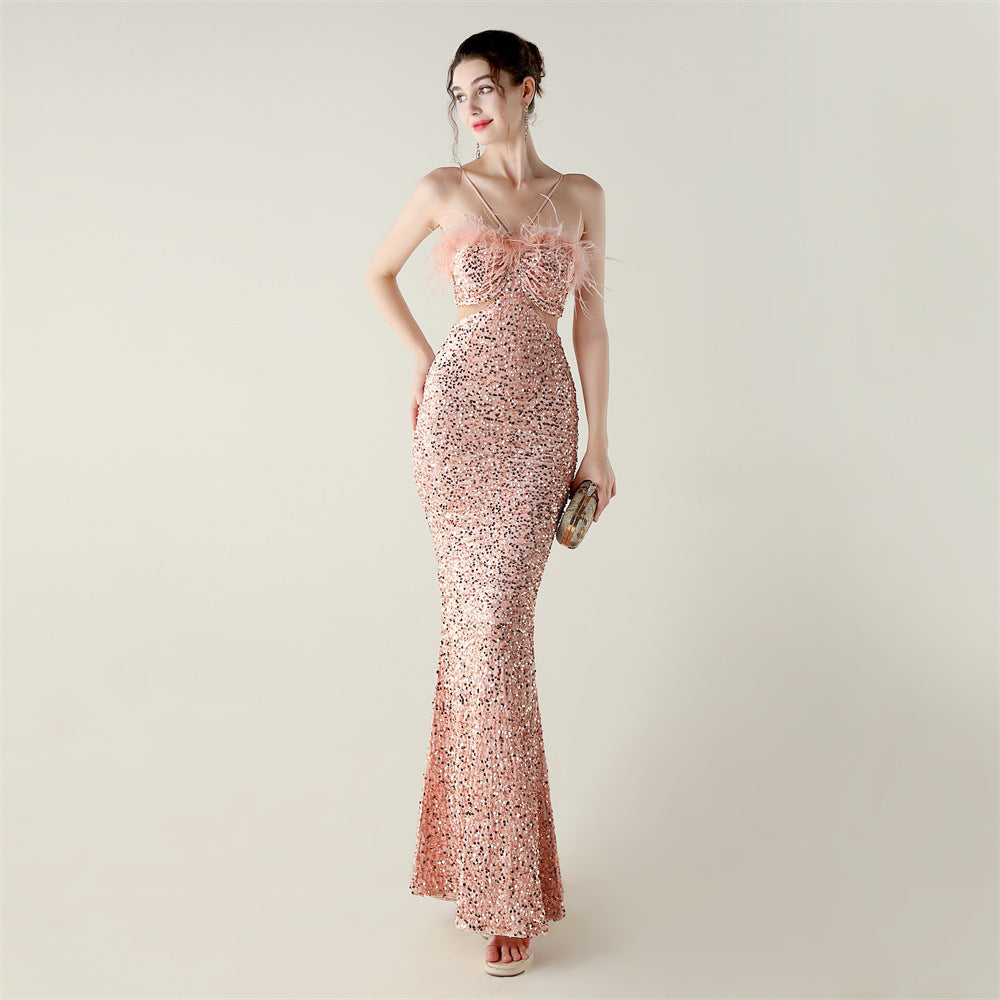 Velvet Bottom Sequin Craft Ostrich Feather Handmade Dress