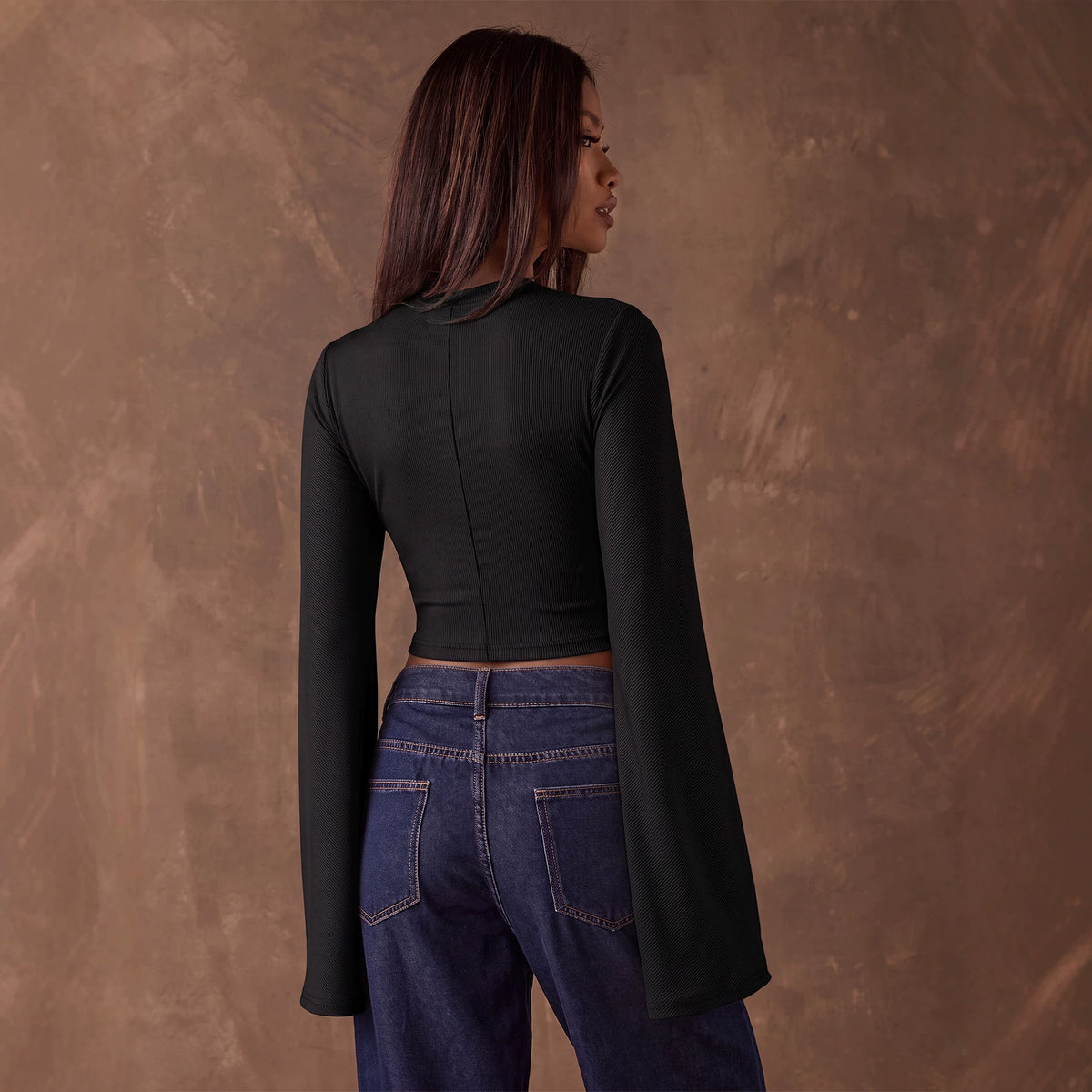 Women's Round-Neck Long-Sleeve Short Top Autumn Bell Sleeve Slim Fit Cropped Outfit Figure Flattering Bottoming T Shirt Set