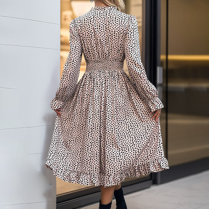 Leopard-Print Smocked Long-Sleeve Dress