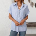 Women's Loose Short Sleeve Pocket Striped Shirt