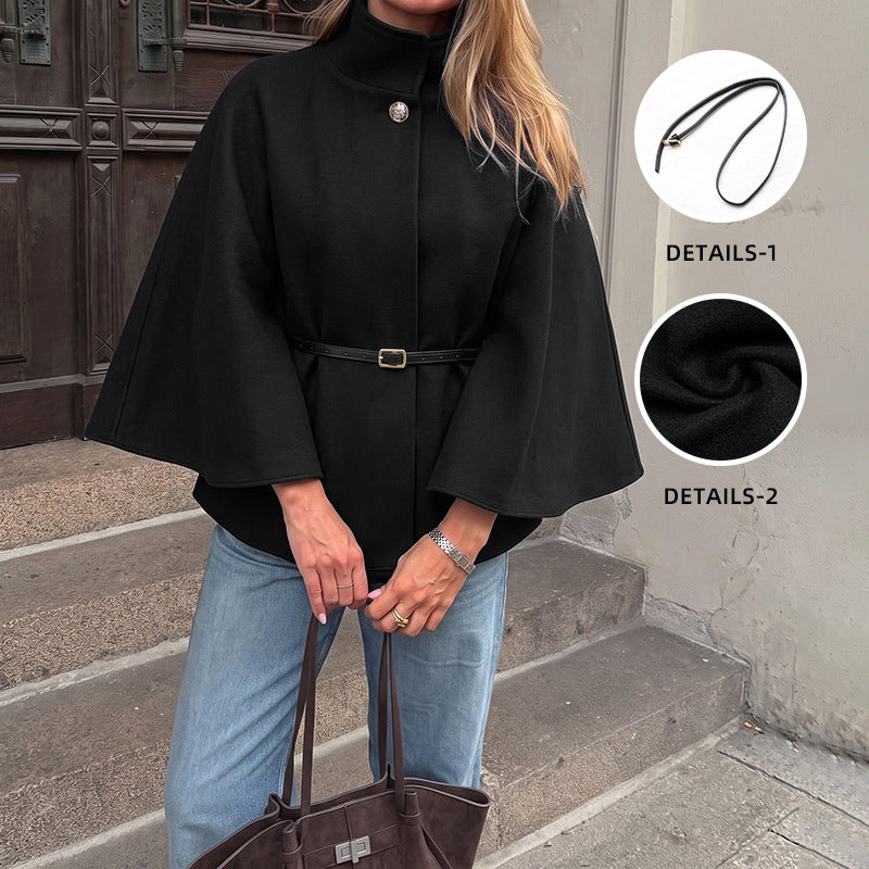 Black Stand-Up Collar Wool Cape Coat
