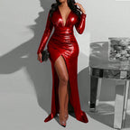 V-Neck Long-Sleeve Ruched Split Bodycon Maxi Dress