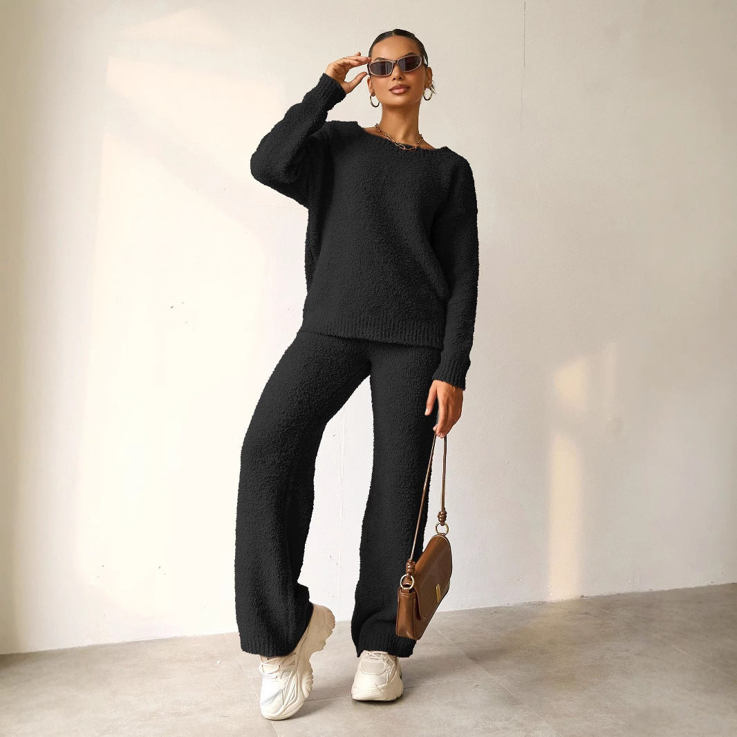 Autumn Winter Solid Color round Neck Long Sleeve Trousers Thick