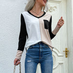 Women’s Black Color Block V Neck Long Sleeve Top