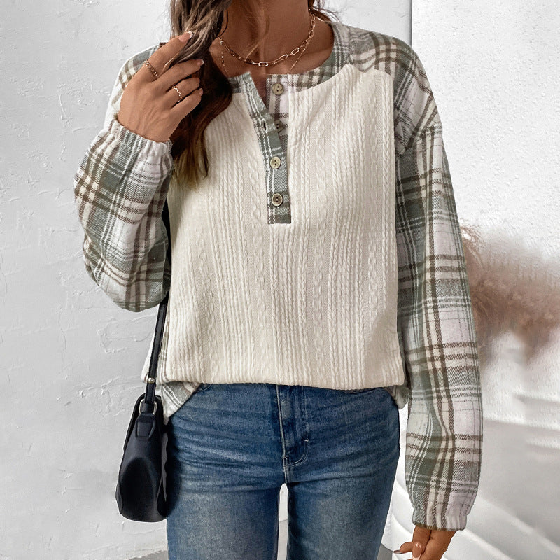 Women's Plaid Color-Block Long Sleeve Top