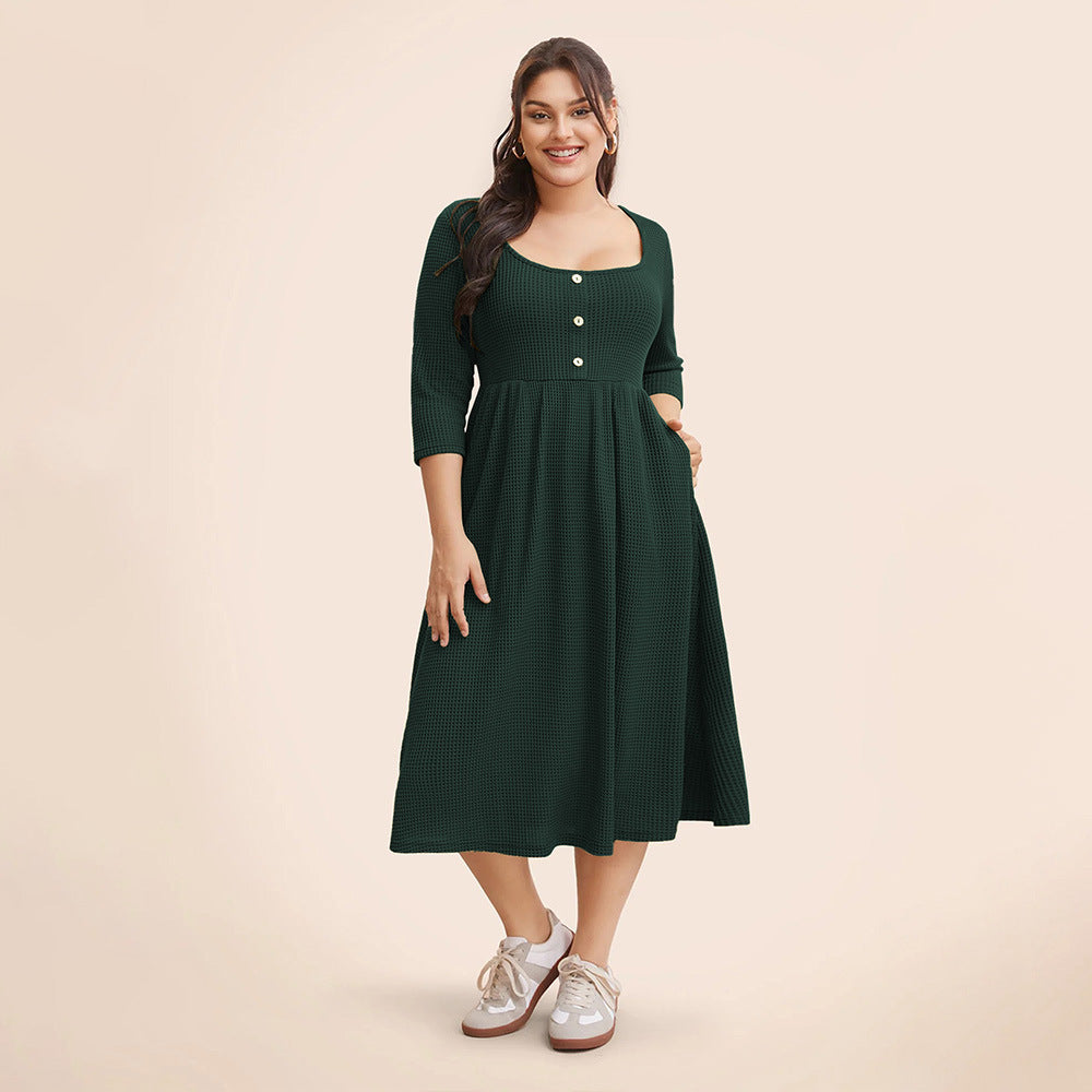 Women's Plus Size Square Neck Three Quarter Sleeve Tight Dress