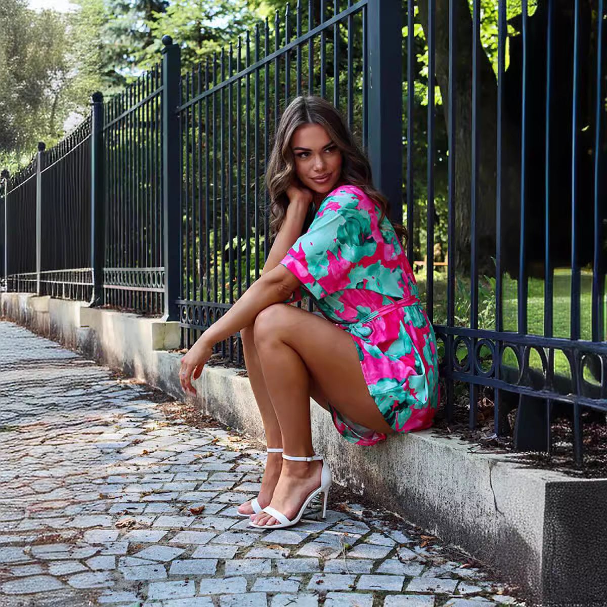 Printed V-Neck Half-Sleeve Dress