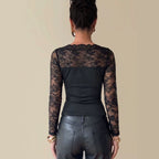 's Autumn Boat Neck Lace Stitching Coat Long Sleeved Fitted T Shirt