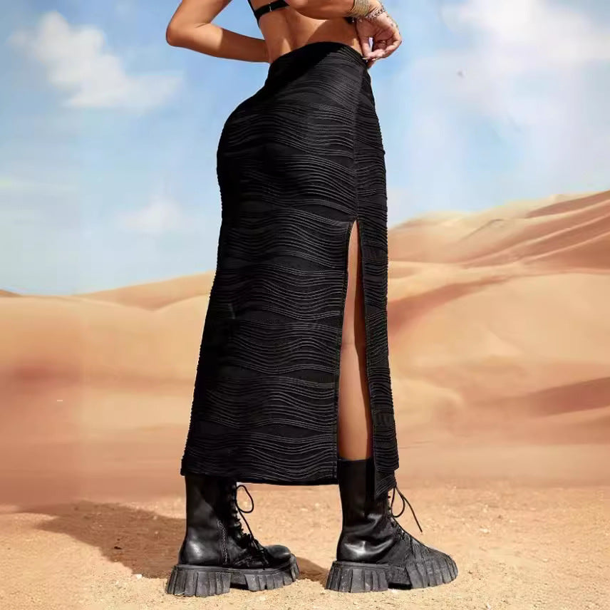 Summer Best Clothes Water Ripple High Waist Slit Skirt
