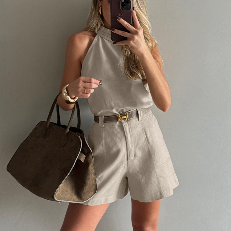 Graceful Sleeveless Halter Top High Waist Shorts
