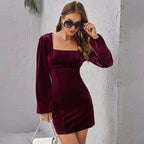 Women's Square Collar Long Sleeve Velvet A line Dress Spring Autumn Backless Waist Trimming Short Bottoming Dress