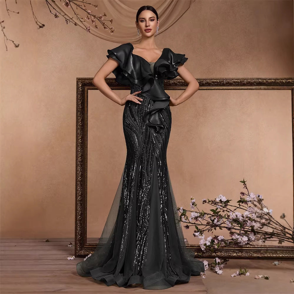 Elegant Ruffle Sleeve Sequin Elegant Cocktail Party Dinner Dress