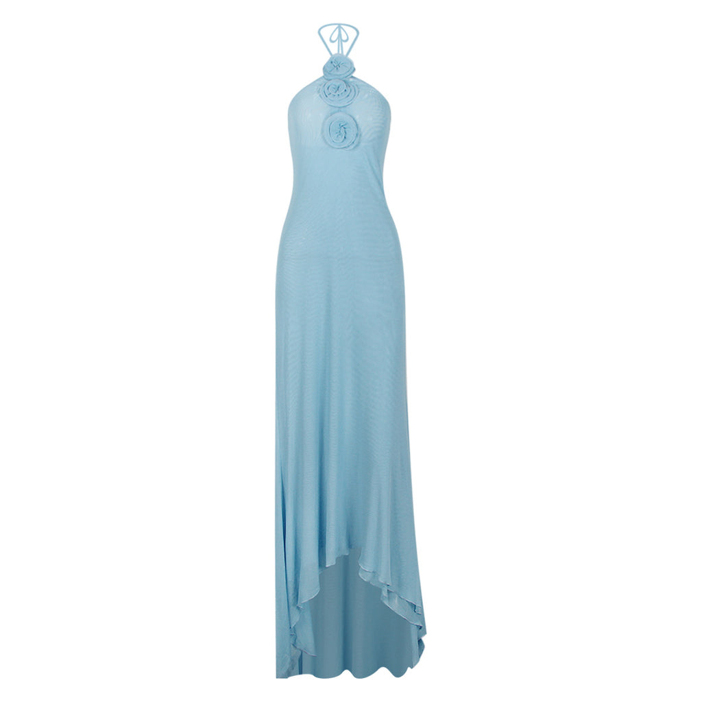 Women's Halter Mesh 3d Backless Tie Bodycon Maxi Dress