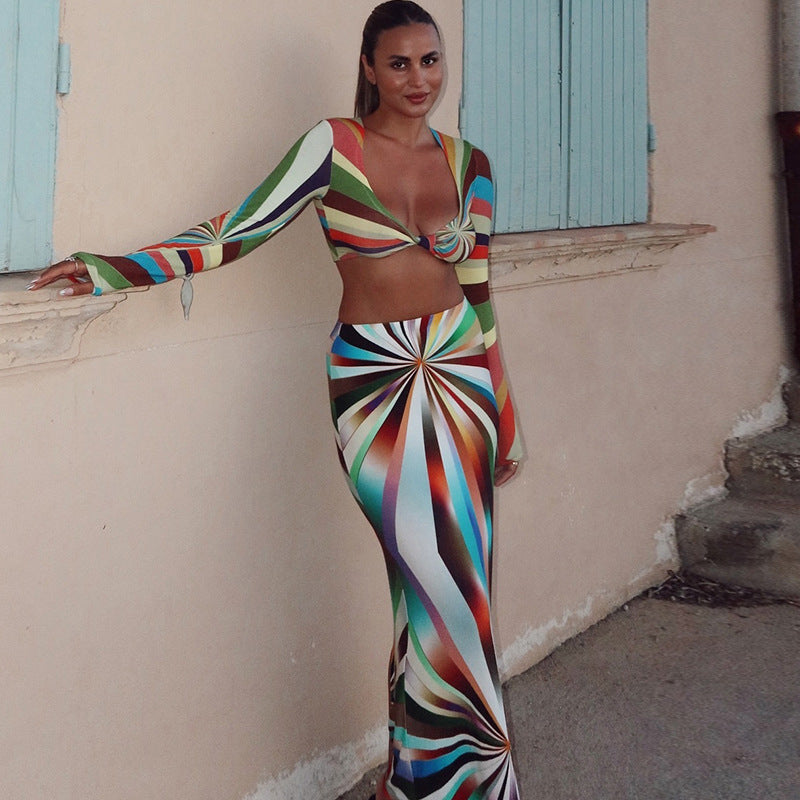 's Special Multicolor Wrapped Chest Long Sleeve U Collar Skirt Set
