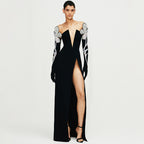 Women's Rhinestone Off-Shoulder Long Sleeve Slit Maxi Dress
