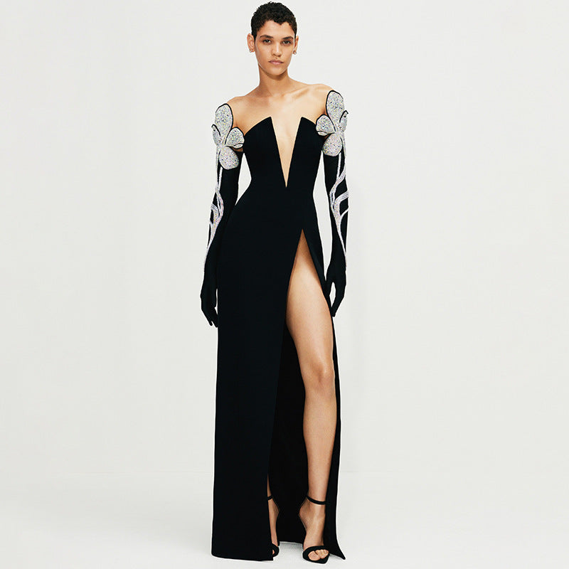 Women's Rhinestone Off-Shoulder Long Sleeve Slit Maxi Dress