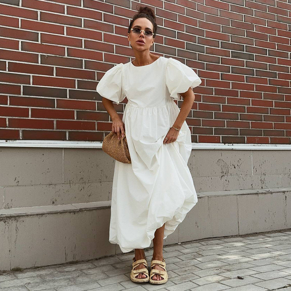 Cotton round Neck Puff Sleeve Dress Spring Summer Solid Color Loose Casual f