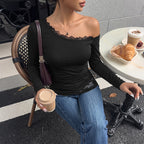 Casual Sexy Shoulder Asymmetric Lace Stitching Top