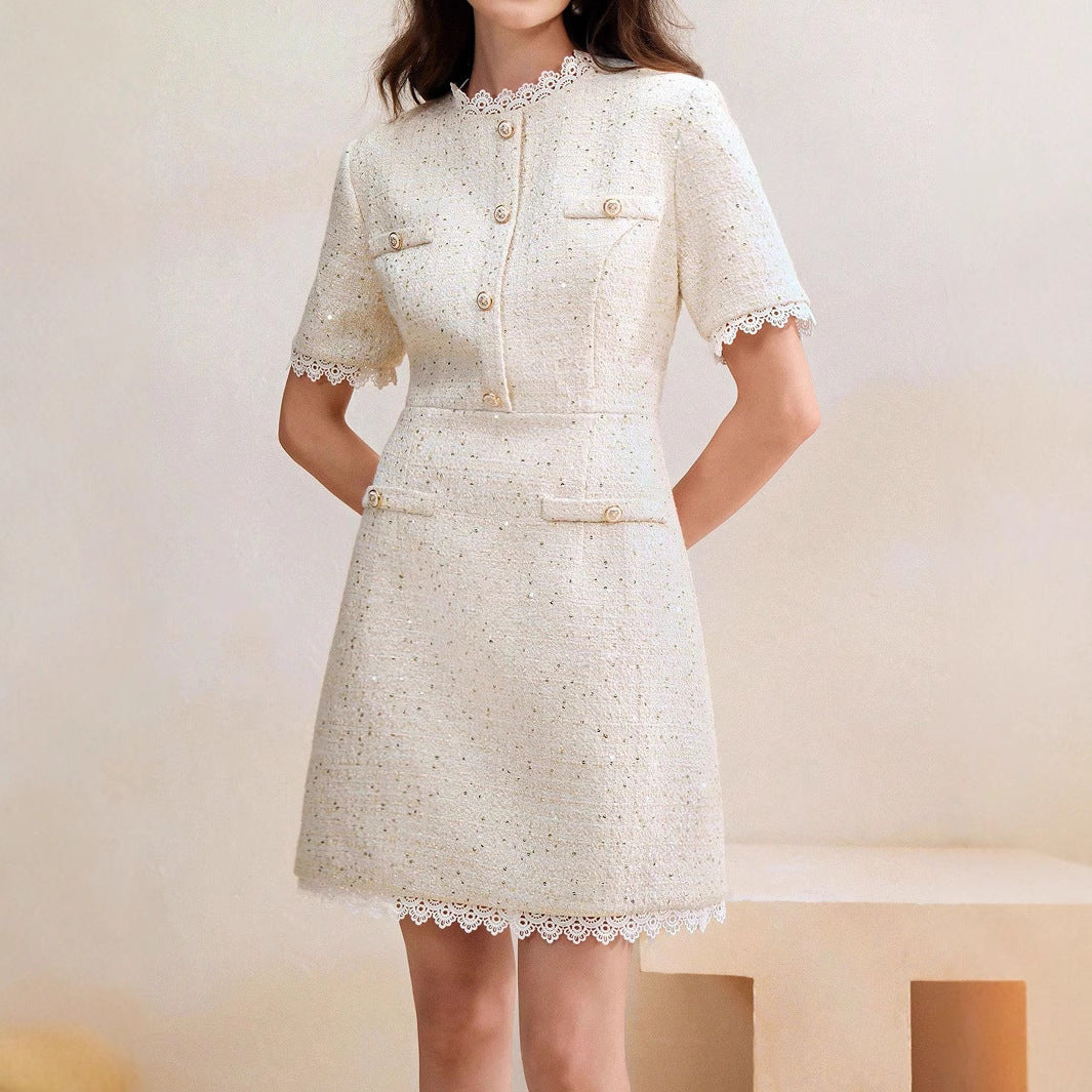 Women's French S Home Classic Lotus Leaf Tweed Wooden Ear Dress