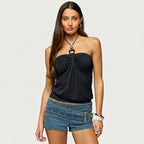 's Solid Color Pleated Backless Halter Sling Top