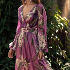 Floral V-Neck Long-Sleeve A-Line Maxi Dress