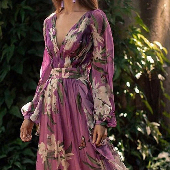 Floral V-Neck Long-Sleeve A-Line Maxi Dress