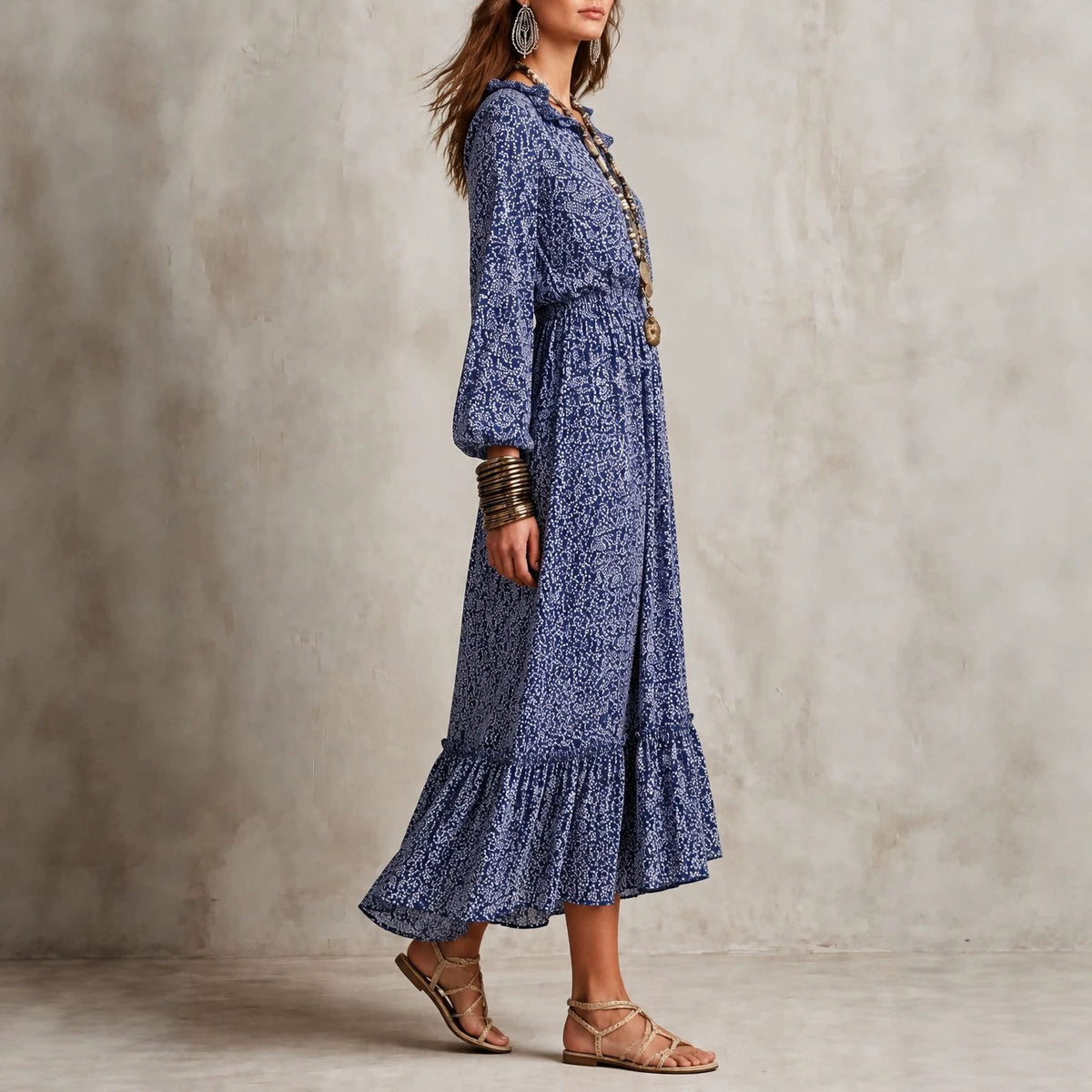 Women's Floral V-Neck Long-Sleeve Maxi Dress