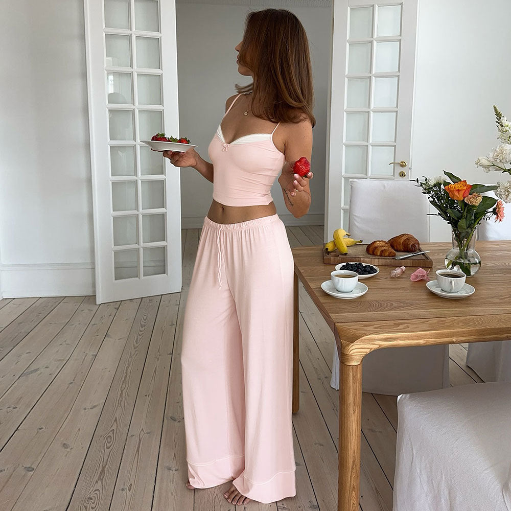 Korean Gentle Pink Splicing Sling Matching Wide Leg Pants Set Summer Comfortable Two Piece Set for Women