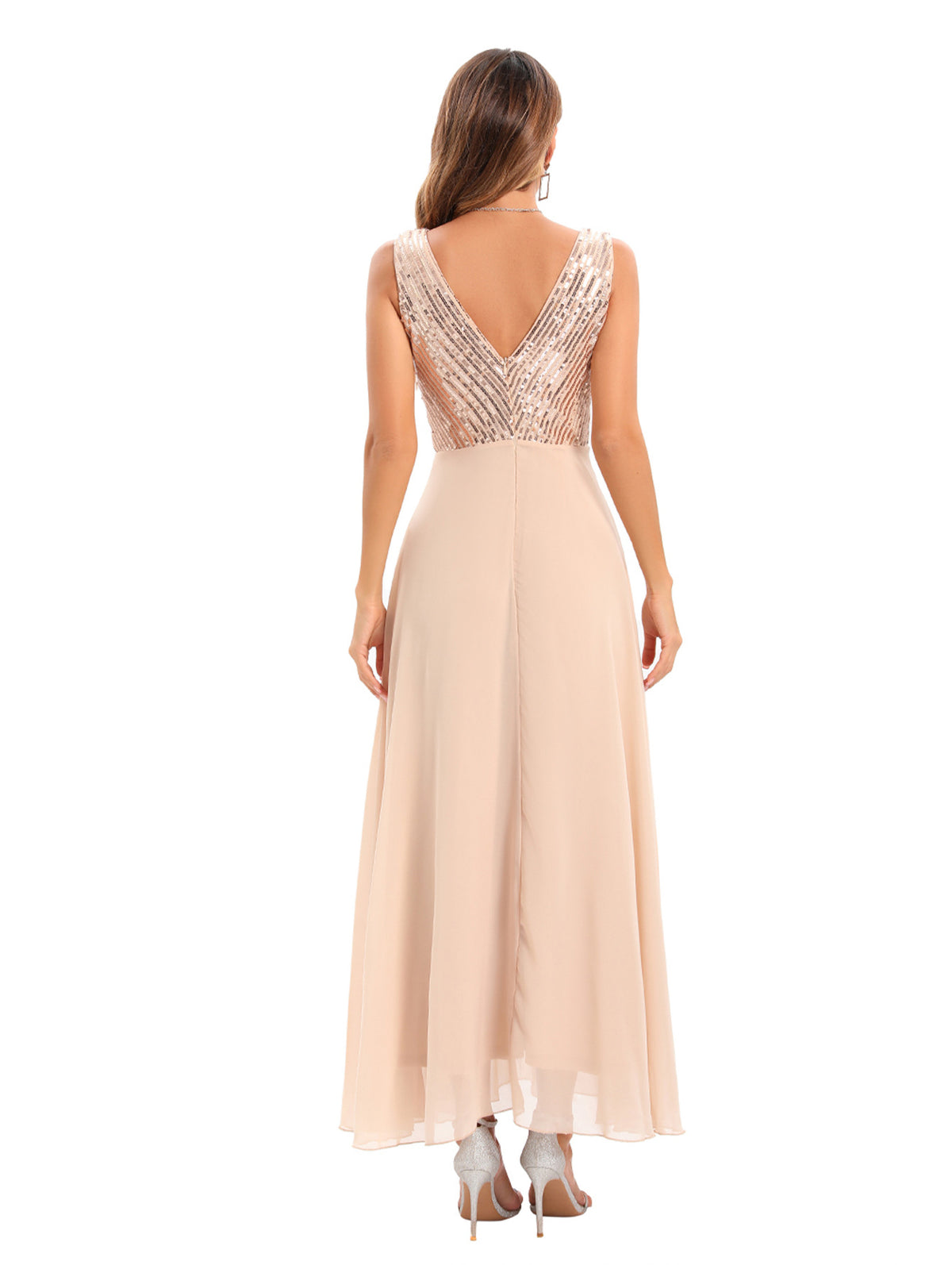 Women's Sequin Chiffon V-Neck Evening Maxi Dress