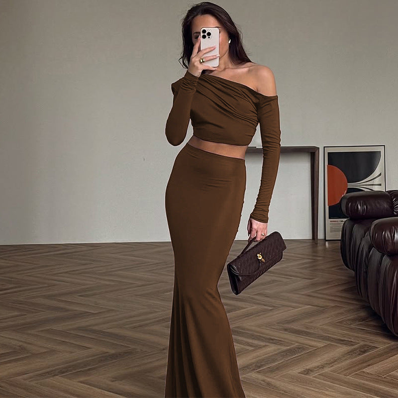 Women's Best Seller In Women Clothing Summer Shoulder Baring Long Sleeved Top Slim Skirt Two Piece Sets Women